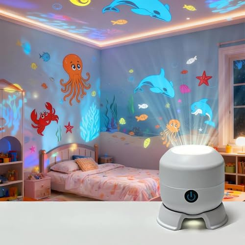 Dujuanus Proyector de luz led Giratorio y Dinámico Fondo Marino, Luz de Proyección Rotativa Colorida Océano, Luz Nocturna Recargable USB para Dormitorio, Cine en Casa