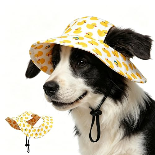 Hundesonnenhut mit Ohrlöchern, Verstellbarer Hunde Bucket Hat mit Entenmuster, Atmungsaktiver Sonnenschutzhut für Kleine, Mittlere & Große Hunde und Katzen (L)