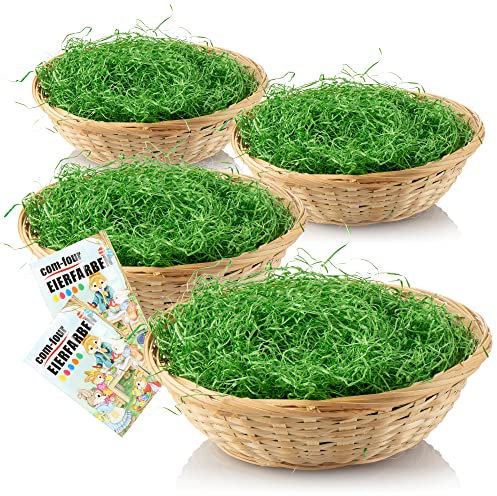 com-four® 4X Osterkörbchen mit Deko Gras und Eierfarben - Osterkörbe mit grünem Gras - Bastkorb mit Ostergras (Set Natur braun 1)