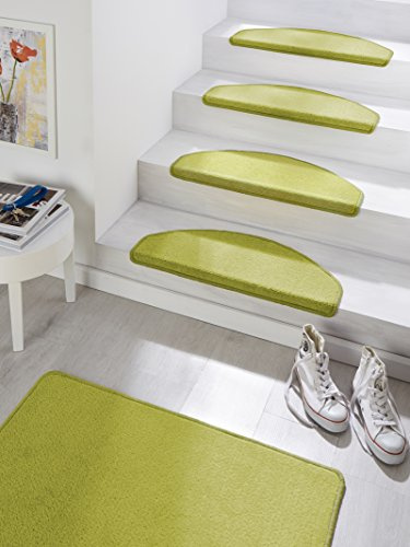 Hanse Home Stufenmatten Fancy – Treppen-Teppich Treppenmatten Selbstklebend Sicherheit Stufenteppich halbrund für Treppenstufen – Grün, ca. 23x65cm 15 Stück