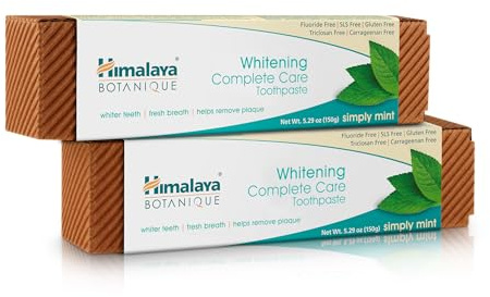 Himalaya Botanique Whitening Complete Care Toothpaste, Teeth Whitening, Fights Plaque, Fluoride Free, No Artificial Flavors, SLS Free, Cruelty Free, Foaming, Simply Mint Flavor, 5.29 Oz, 2 Pack