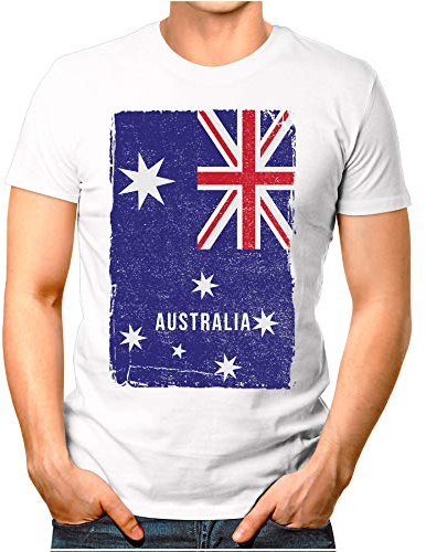 OM3® - Australiens flagga vintage – herr t-shirt | Australien flagga fotboll fotboll fanshirt sport tröja | S – 4XL, Vit, XL