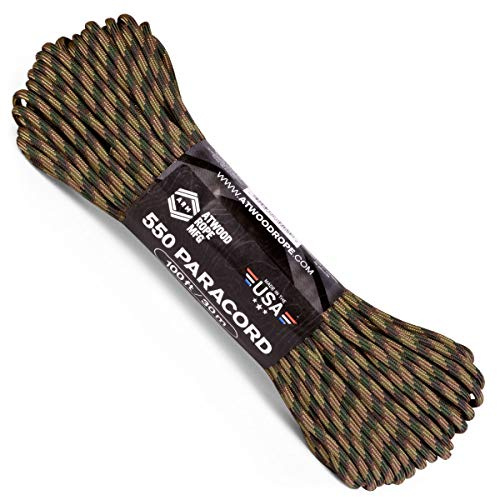 Atwood Rope MFG 550 Paracord - Cuerda de paracaídas de nailon de 7 hebras de 100 pies, equipo de supervivencia exterior, fabricado en Estados Unidos, cordones, pulseras, envolturas de mango, llavero