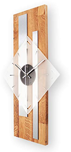 Kreative Feder Moderne Designer Holz Alu Funk Wanduhr leise Funkuhr ohne Ticken 60x30cm (Eiche, leises Funkuhrwerk)