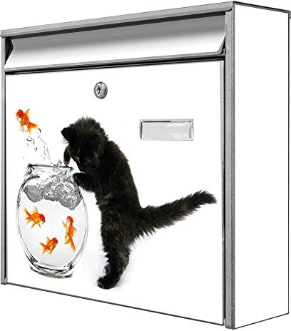 banjado® Burg-Wächter® Briefkasten mit Motiv Katze Und Fisch/Briefkasten ohne Zeitungsfach 32x36x10 cm groß/Briefkasten mit Namensschild A4 Einwurf inkl. Montagematerial & 2 Schlüsseln