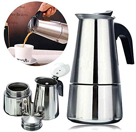 Caffettiera in acciaio inox da 6 tazze, macchina per espressi in acciaio inox, (6 tazze), si può usare in tutti i tipi di cucina, caffettiera classica, argento (PLATA-6T)