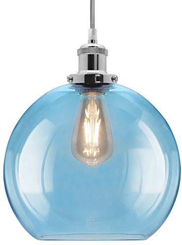 Blue Pendant Light Glass Globe Shade Smoked Retro Chrome Ceiling Lamp Holder M0 236