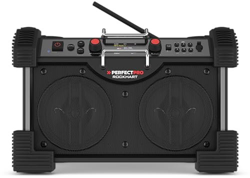 PerfectPro Baustellenradio ROCKHART, DAB+ und UKW-Empfang, Bluetooth, AUX-Eingang und USB-Eingang, Powerbank, Inklusive Ladegerät und Lithium-Akku, RH4