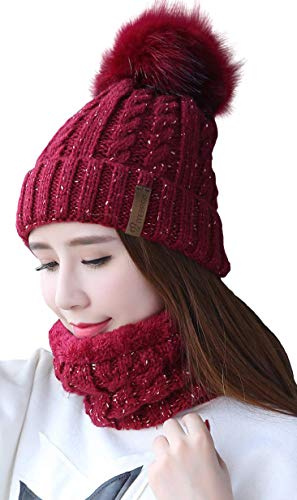Damen Wintermütze Schal Set,Warm Weichem Innenfutter Strickmütze und Schal mit Fleecefutter,Winter Wärme Beanie Mütze Strickschal Set,Schlauchschal Hüte Mützen mit Kunstpelz Bommel Pom