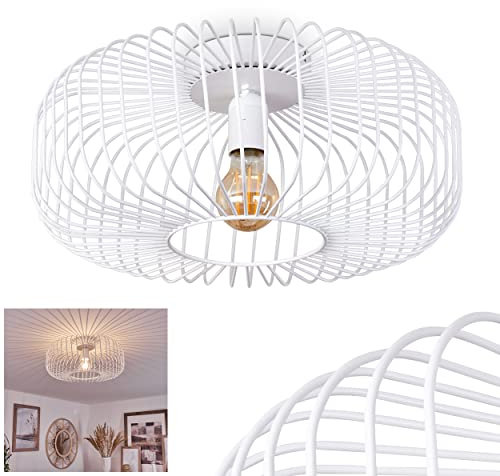 HOFSTEIN Deckenleuchte Wemude, runde Deckenlampe aus Metall in Weiß, Wohnzimmer, Schlafzimmer 1-flammig, Ø40cm, Retro-Leuchte E27, Lampe mit Spannendem Lichteffekt, Gitteroptik, Modern & Vintage