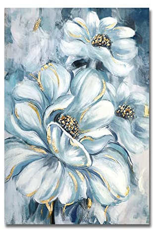 Dipinti Su Tela, Struttura Blu Fiore Di Peonia Lamina D'Oro Ictus Stami Astratta Moderna Originale Dipinti Ad Olio Dipinti A Mano Su Tela Per Parete Di Famiglia Soggiorno Sala Da Pranzo Home A