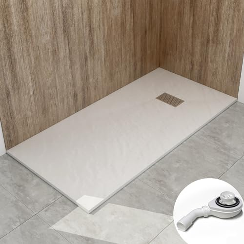 WITEN&NOCK SMC Duschwanne 160x80cm weiß Steinoptik mit Ablauf Ø90mm | 32 mm Extraflach Antirutsch Duschtasse mit Ø 90mm Siphon & Edelstahl Abdeckung，bruchfest, Vielseitige Montage, hygienisch