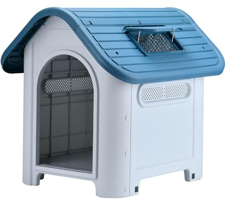 Lanco - Caseta para Perros Pequeños con Techo Solar Ajustable. Uso Interior y Exterior con respiraderos. Material Resistente. 75x59x66cm. Azul y Blanco.