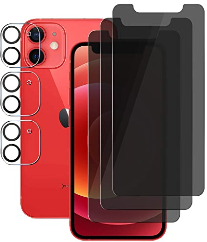 UZWZW (3+3) For iPhone 12 Mini (5.4) (3 Pack) Anti Spy Private Tempered Glass Privacy Screen Protector with Camera Lens Protector, Not Affect Flash, Anti Scratch | Tempered Glass with Camera Lens Protector, Anti-Spy, Easy to Install, 9H Hardness, Anti-Scratch, Anti-Shatter, No Bubbles