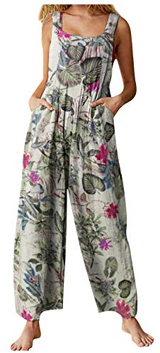 Edhomenn Women Summer Dungarees Multicolor Ethnic Style Square Neck Long Jumpsuit Playsuit Sleeveless Casual Baggy Overalls Rompers
