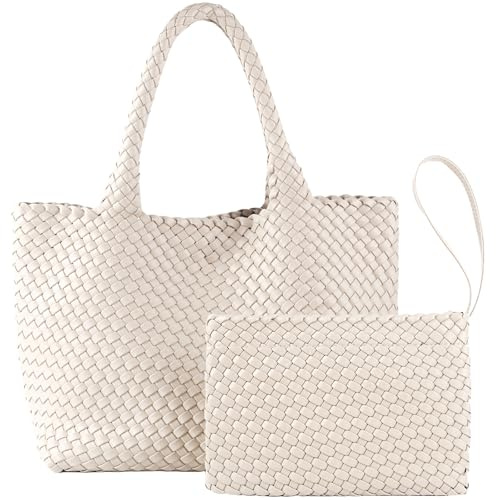 SporGenius Gewebte Tragetasche für Damen, veganes Leder, handgewebte Taschen mit kleiner, handgefertigter Geldbörse, große Reisehandtaschen mit geflochtenem Griff oben (Beige)