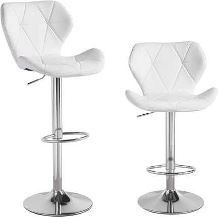 Panana Lot de 2 Tabourets de Bar, Chaises Haut, Hauteur Réglable, Revêtement en PU, Rotatif sur 360°, avec Dossier et Repose-Pieds, Pied Chromé, 49 x 35 x 107-127 cm (Blanc), MEFBBC86