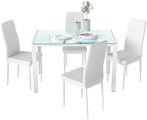 HOMCOM Conjunto de Comedor de Mesa y 4 Sillas 5 Piezas Blanco