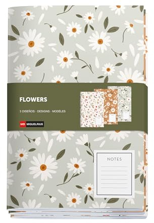 Miquelrius - A5-Notizbücher (142 x 210 mm), 3 Notizbücher, innen weiß gepunktet, 32 Blatt à 80 g/m², strukturierter Kartoneinband, Kollektion Spring Flowers