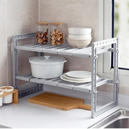 OHMG Scaffale sotto il lavandino – acciaio inossidabile e plastica PP rack estensibile organizzatore sotto il lavello scaffale espandibile di stoccaggio, 2 livelli, per cucina, bagno