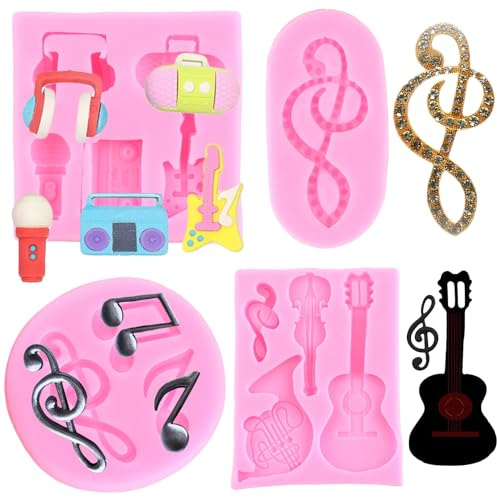 RFGHAC Music Note Fondant Mould 80s Disco Fever Silicone Mould Microphone Radio Guitar Mould Musical Candy Mould for Sugar Cake Decorating Cupcake Topper Chocolate Gum Paste Polymer Clay Set of 4
