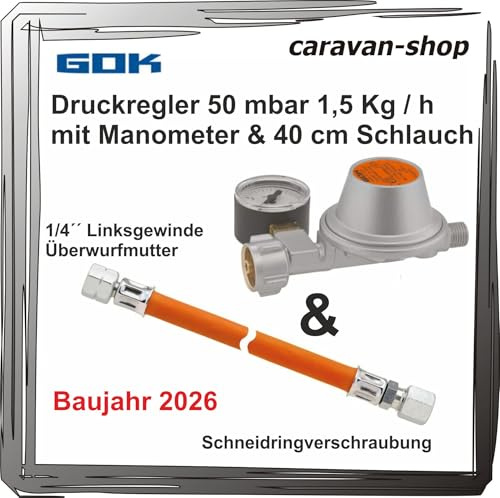 Fahrzeugregler für Caravan Wohnmobil 50 mbar Manometer + Schlauch 40cm Propangas