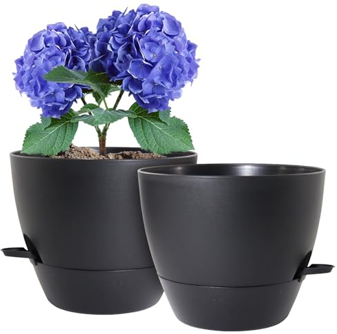 WSMKSZ 10 inch Self Watering Pots, 2 Pack Plastic Planters with Mesh Drainage Holes for Garden Plants and Flower, Plants Pots with Deep Reservoir for Indoor Outdoor Plants, Black