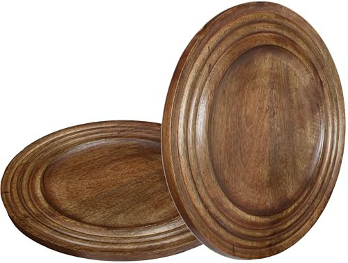 CLEENTABLE 13 Round Wood Charger Plates Set of 2 – Handcrafted Round Wooden Dinner Plates, Ribbed Design, Caramel Brown, Lightweight, Durable, Natural Serveware for Dining & Parties (Brown)