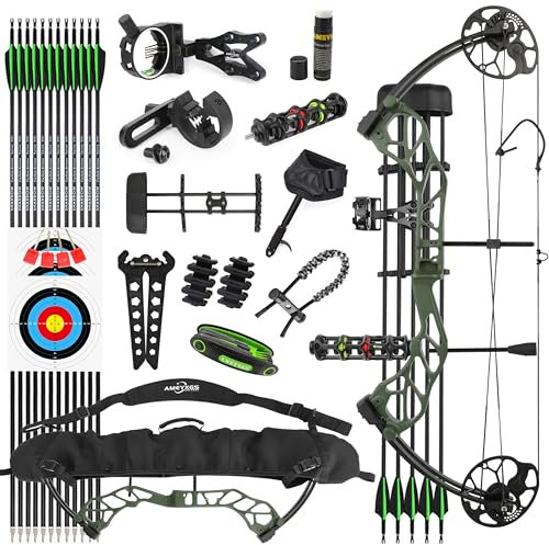 SHARROW Bogenschießen Set Compound Bogen und Pfeile Set 19lbs-70lbs Einstellbare Erwachsene Jagd Compoundbogenset 320FPS mit allem Zubehör für Outdoor-Schießen (Grün)
