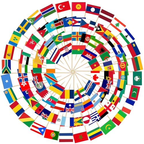 Kisvic 100 países internacionales palillos de dientes banderas de cócteles, bandera decorativa EM pequeña, mini palillo de dientes de doble cara, decoración europea, palillo de dientes para decoración