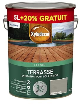 Xyladecor - Saturateur pour Sols Extérieurs en Bois - Terrasses, Abords de Piscine, Caillebotis - Antidérapant - Couleur : Mat Gris Tendance - Quantité : 5L + 20% gratuit