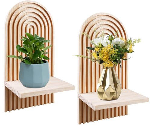 WIYETY Lot de 2 Supports Muraux en Bois, Style Bohème, Petite Étagère Flottante Arc-en-Ciel, Décoration pour Chambre à Coucher, Salon, Salle de Bain (Couleur Bois)