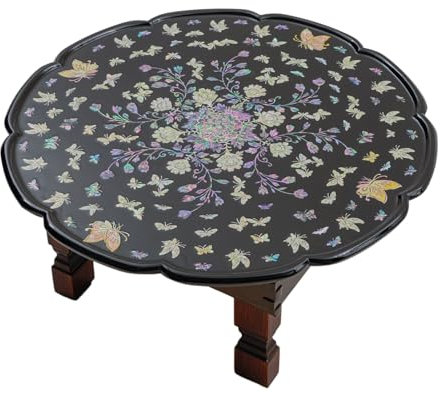 February Mountain Handgefertigter koreanischer Perlmutt-Klapptisch – schwarz lackierter Tabletttisch mit gewellten Kanten, Blumen- und Schmetterlings-Inlay-Design, 45 cm Durchmesser (schwarz)