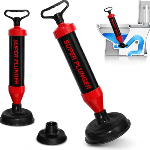 Super Plunger Toilet & Sink Unblocker with 2 Interchangeable Suction Cups, Heavy Duty Drain Plunger for Toilet, Sink, Bath & Shower, Powerful Manual Plunger with Ergonomic Handle