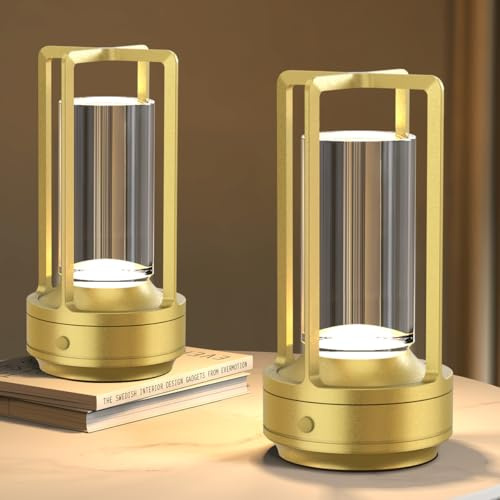 Hapfish LED Tischlampe Aufladbar 2er Set,Moderne Kristall Tischleuchte Akku | Aluminium Wasserdicht mit Griff, Tischlampen Dimmbar für Restaurant Outdoor Nachttisch Wohnzimmer - Gold