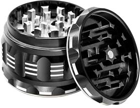 SmartEase Aluminium Grinder Set Ø 63mm 4 teilig magnetische Kräutermühle, Crusher Set für getrocknete Kräuter, Pollen, Blüten, Gewürze mit Pollenfach und Schaber (Schwarz)