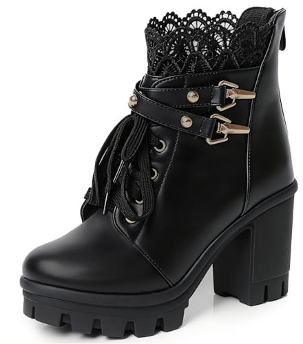 FOREADA Platform Boots Goth Combat Boots for Women Black Chunky Heel Ankle Booties Buckle Lace Victorian Boot Rivets Punk Gothic Shoes Dress Shoes With Zipper