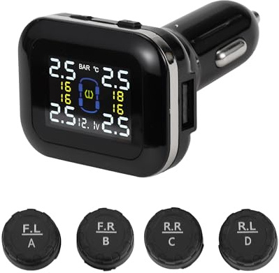 A ABSOPRO Tire Pressure Monitoring System Kit Tire Pressure Monitoring System Display Angle Adjustable 433MHz Cigarette Lighter Powered & USB Charging