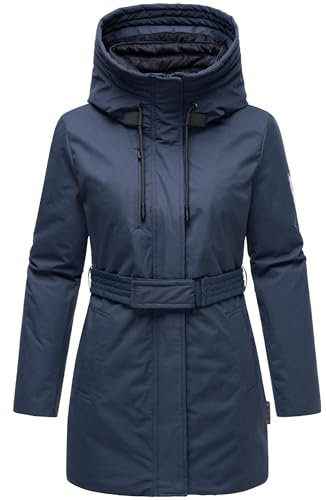 Navahoo Damen Parka Lange Winterjacke warm mit Taillengürtel und (abnehmbaren) Fleece-Kragen Eishauch 14 Navy Gr. L