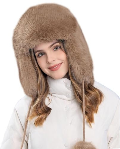 WUODHTW Damen Winter Warm Knit Beanie Skull Cap Russische Uschanka Trappermütze mit Ohrenschutz Skimütze Jagdmütze Fellmütze, coffee, Einheitsgröße