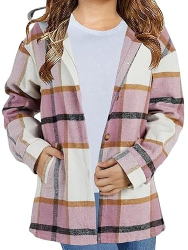Girls Long Sleeve Flannel Shirt Jacket Kids Button-Down Plaid Tops Clothing Tween Girls Casual Hooded Shacket Coat with Pocket Purple 10-12 Years