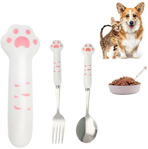 FENQURO 2 Pcs Cuillère a Nourriture pour Animaux de Compagnie, Dragon Cuillère a Nourriture pour Animaux Domestiques et Fork Cuillères pour Canettes de Chien Acier Inoxydable (rose)