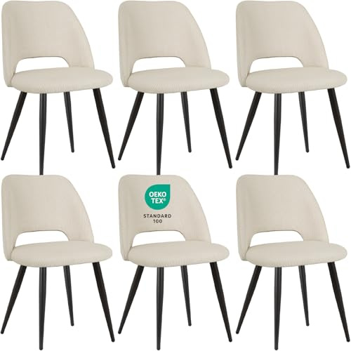 JIJIAN Esszimmerstühle 6er Set, Streifencord mit Ausschnittrückenlehne | Stühle Esszimmer, Küchenstühle, Wohnzimmer Essstühle, Gepolsterte Stühle für Esszimmer, Küche, Schlafzimmer, Beige
