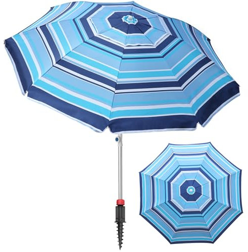 Deluwire 7ft Heavy Duty High Wind Beach Umbrella Parasols with sand anchor & Tilt Sun Shelter, UV 50+ Protection Outdoor Sunshade Umbrellas Carry Bag for Patio Garden Pool Backyard Stripe Blue insert