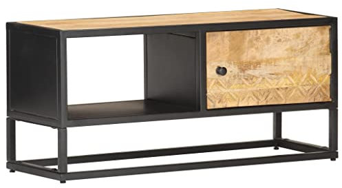 KATERYY TV-Schrank mit Geschnitzter Tür 90x30x40 cm Raues Mangoholz TV-Bänke Möbel