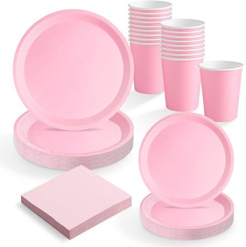 MAXI PRODUCTS - Set Vajilla Desechable Fiesta 20 Personas Rosa Pastel - 114 piezas - Vasos Cartón 270 cc + Platos Cartón Ø17 y Ø20,5 cm + Servilletas Papel 25x25 cm - Menaje para Cumpleaños y Eventos