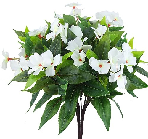 CEWUDA 2 Pcs Artificial Impatiens Flowers for Outdoors Faux Impatiens Bushes White Silk Flowers Greenery Artificial Impatiens Bouquet for Patio Lawn Garden Pot Hanging Basket Porch Decoration