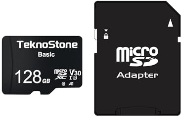 TEKNOSTONE Basic 128GB MicroSDXC Flash Memory with Adapter 90MB/s Read 50MB/s Write UHS-I C10 U3 V30 A1 Rated HD Support TF Card for Dashcams Security Cameras Tablets Phones Drone Console (1 Pack)
