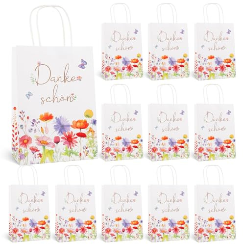12 Stück Dankeschön Geschenktüten Klein aus Kraftpapier mit Blumen Motiv | Papiertüten mit Henkel Gastgeschenk Tüten für Hochzeit Danke Erzieherin Abschied Kollegin 21 x 15 x 8 cm