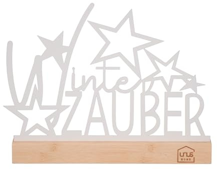 UNUS Aufsteller Winterzauber mit Sternen Winterdeko aus Metall 26x19,5 cm | mit Bambusfuß in Schwarz oder Weiß stilvolle Deko für Tisch, Regal oder Fensterbank